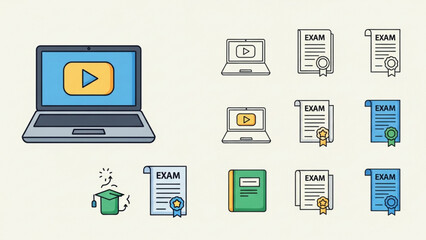 Modern digital learning icons featuring laptops, exams, and graduation cap for educational technology and online courses