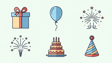 Celebrate joy with vibrant icons of a gift, balloon, cake, fireworks, and party hat perfect for any festive occasion