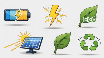 Vibrant eco-friendly icons showcasing renewable energy, sustainability, and environmental power