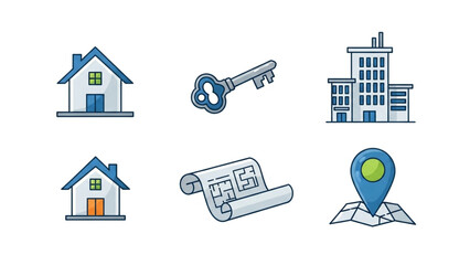 Unlock your dream property with a house blueprint, key, location pin, and modern building icons for real estate success