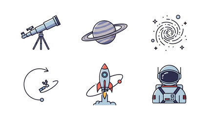 Explore the cosmos with dynamic icons depicting a telescope, Saturn, galaxy, satellite, rocket launch, and astronaut for science and discovery projects
