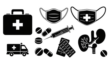 Essential medical icons including first aid kit, ambulance, face masks, syringe, pills, and anatomical organs for healthcare and wellness themes.