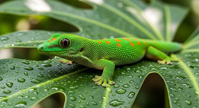 Vibrant Green Gecko Resting on a Dew-Kissed Leaf. - Powered by Adobe