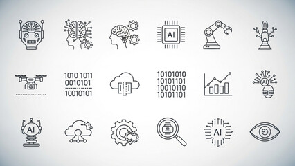 Discover the future with diverse AI technology icons representing innovation, robotics, data, and intelligent systems for modern concepts