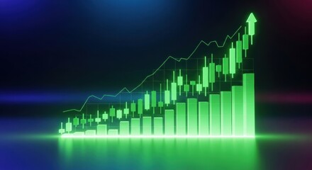 Green arrow pointing upward on financial graph. Business growth chart with rising trend line. Digital stock market data visualization for investment analysis.
