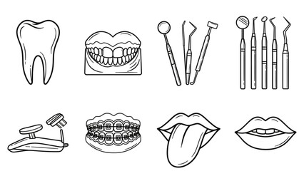 Essential dental icons and tools for oral health care, perfect for medical and wellness content creation.