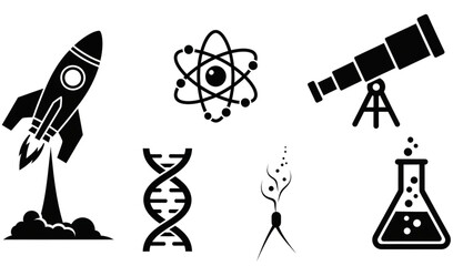 Inspiring collection of science icons including rocket, DNA, atom, telescope, and laboratory flask for innovation and discovery