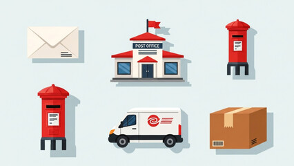Seamlessly connect with the world through postal services including mailboxes, delivery vans, packages, and post office buildings for all your communication needs.