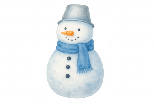 Snowman wearing a blue scarf and gray bucket hat, bringing winter cheer. Hand drawn watercolor holiday character illustration