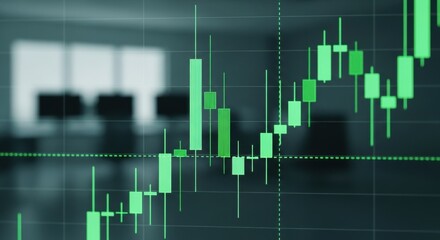 Green candlestick chart showing stock market growth. Financial data visualization for investment and business analysis. Technology background.