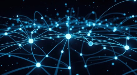 Blue digital network connection line with glowing dot. Technology data communication concept. Futuristic global business information.