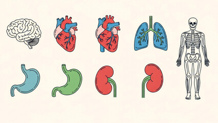 Visually engaging collection of essential human organs and skeletal system for educational and medical presentations, offering clear, modern medical graphics.