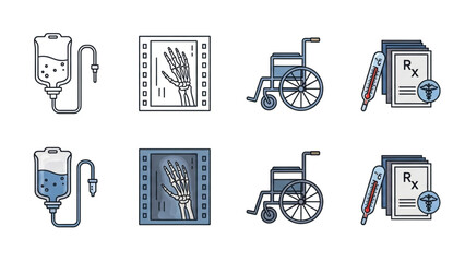 Essential medical icons including IV drip, X-ray, wheelchair, thermometer, and prescription for healthcare and wellness concepts