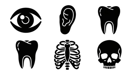 Diverse anatomical icons including eye, ear, teeth, ribcage, and skull for medical and educational purposes
