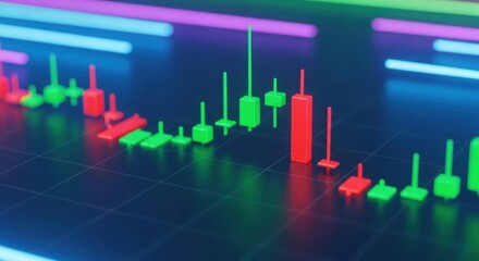 Financial candlestick chart with green and red bars. Stock market trading data for investment and cryptocurrency analysis. High tech background.