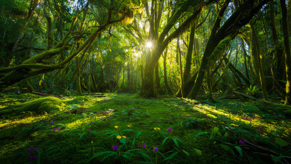 Sunlit Mossy Rainforest Floor: Lush Green Canopy, Tranquil Atmosphere, Vibrant Spring Flowers.