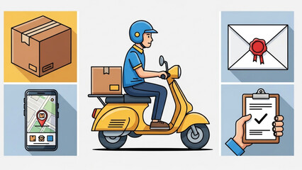 Dynamic delivery courier on scooter with package, tracking app, sealed envelope, and checklist, representing efficient logistics and global shipping services.