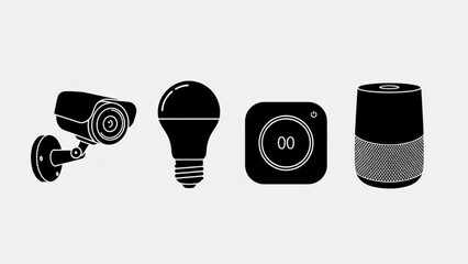 Smart home devices security camera LED bulb timer and smart speaker icons for modern living and technology concepts