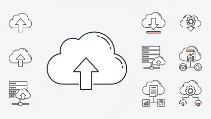 Dynamic cloud technology icons showcasing data upload download server management and analytics for modern business solutions