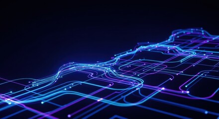 Abstract grid of blue and purple lines with bright points. Concept of digital data flow transfer with optic fiber. Modern technology background.