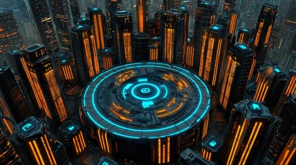 Obraz premium Futuristic Cityscape at Night Orange and Blue Neon Lights Illuminate Circular Structure and Skyscrapers