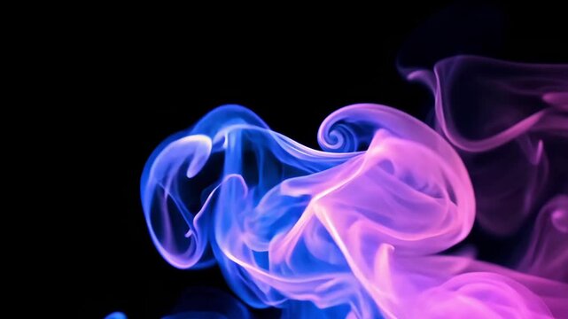 Ethereal smoke rising black background, twisting, soft neon color transitions (violet, cyan, magenta) glowing edges, cinematic lighting, ultra-smooth motion, abstract minimalist high-quality 4K loop