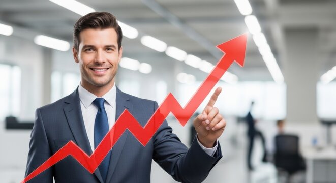 Smiling businessman touching red growth arrow. Caucasian man showing business success and market increase. Stock chart and financial growth concept. - Powered by Adobe