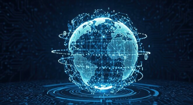 Digital globe with connected data points on circuit board. Global network and technology concept. International business connection.