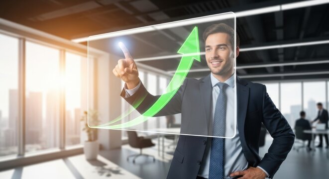 Caucasian businessman touching virtual screen with green arrow. Business growth and success concept for financial market.