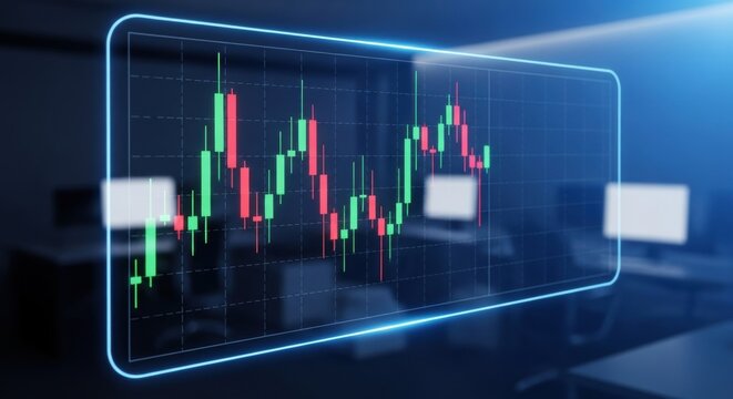 Digital candlestick chart with rising and falling trends. Stock market analysis data visualization on virtual screen in office. - Powered by Adobe