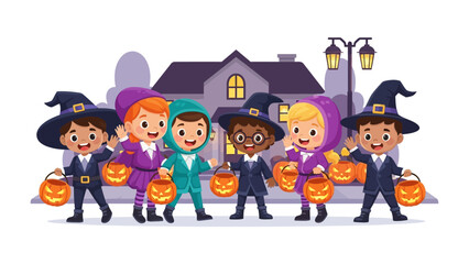 Halloween Costume Group: A cute group of kids in Halloween costumes with pumpkin bucket with a house in the background. Capturing the festive spirit of the holiday.