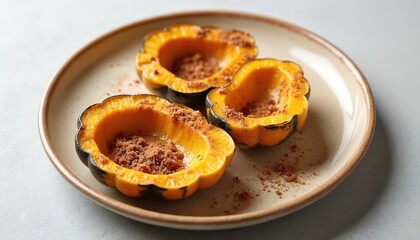 Top view of roasted acorn squash halves with spices on beige plate. Autumn seasonal harvest dish. Cooking recipe, tasty appetizer, delicious healthy vegetarian vegan side dish, home cooking, warm