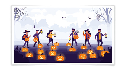 Halloween Gathering: A group of individuals dressed in festive attire navigates a pumpkin-lit path, lanterns held high, in a vibrantly illustrated scene. celebrating a special day