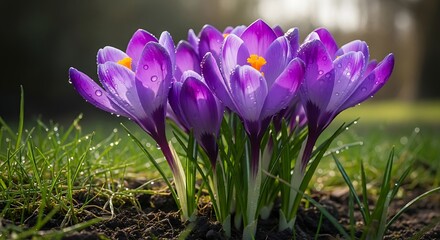 Vibrant Purple Crocus Flowers Blooming in Early Spring Garden with Dew Drops.