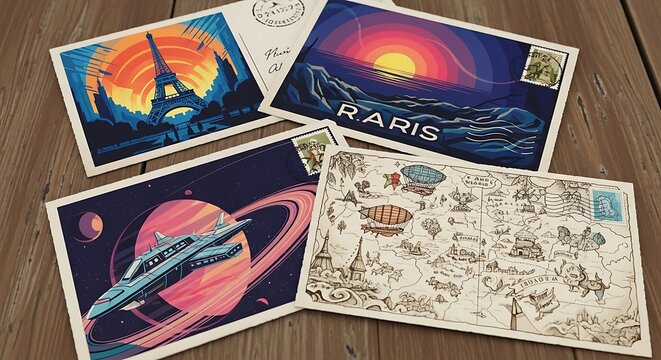 Postcards on Wood Table.