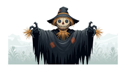 Scary Scarecrow in the field: A fearsome scarecrow stands menacingly amidst a stylized field. The scarecrow's eerie grin, tattered attire.