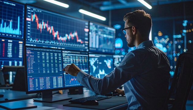 Expert Financial Analyst Monitoring Stock Market Charts on Multiple Screens in Office.