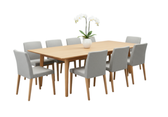 Modern light-toned wood dining table, ten light grey chairs, white vase with orchid, against seamless light grey studio background, 45-degree elevated view, minimalist product catalog concept