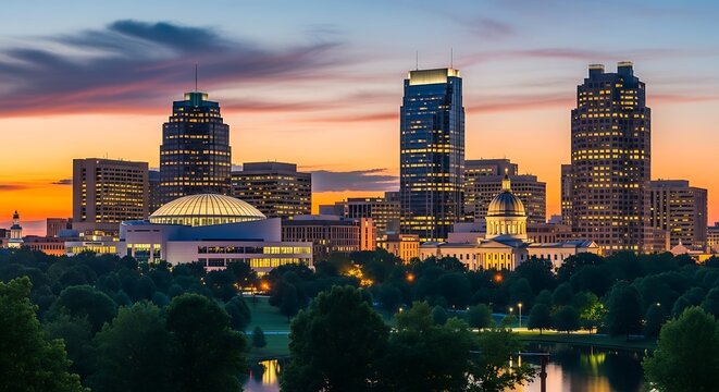 Stunning Sunset Over Raleigh North Carolina Cityscape with Illuminated Buildings and Lush Greenery.