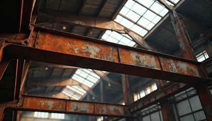Rusty industrial beams, skylight overhead structure in old warehouse. Weathered aged metal engineering infrastructure. Building framework construction with closeup texture. Industrial design with