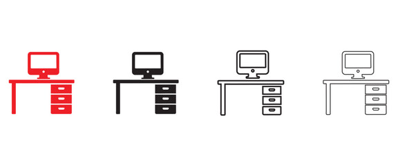 desktop computer table vector, desktop table with computer vector, silhouette and line art
