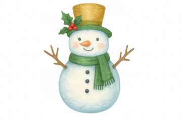 Cheerful snowman illustration with top hat, green scarf, stick arms, and holly celebrating winter holidays