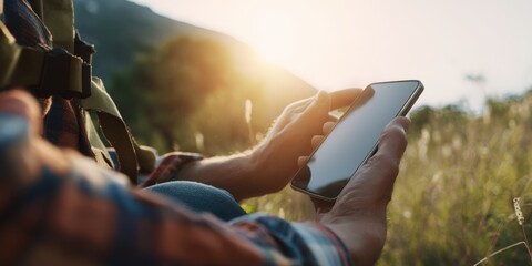 Man using smartphone connecting to nature at sunset
