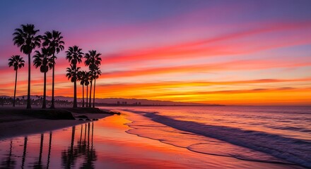 Vibrant Sunset Over a Tropical Beach with Palm Tree Silhouettes.