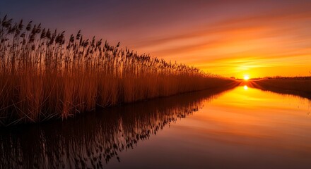 Sunset over the water reflecting the vibrant colors of the sky.