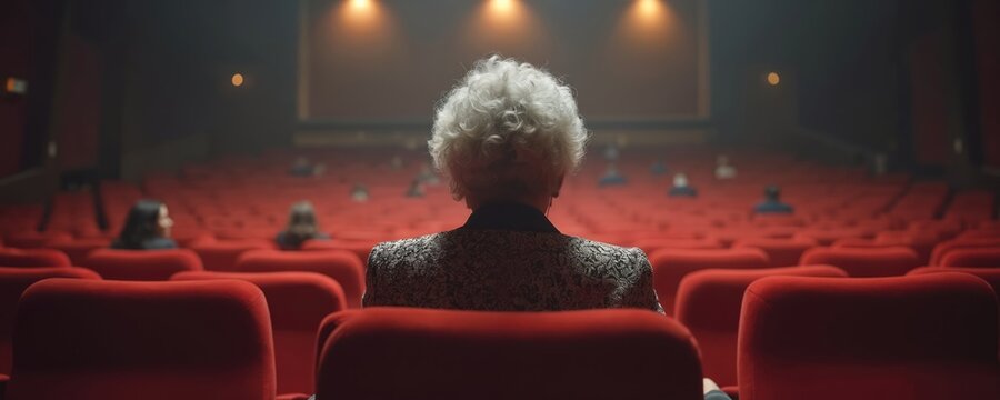 Rear view of woman sitting in empty movie theatre on red chairs. Concept of minimalist modern design, cultural events, watching cinema. Abstract image of auditorium with spectator at show. - Powered by Adobe