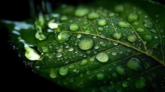 雨上がりの緑の葉に集まった透明な水滴たち