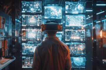 Technician wearing vr headset monitoring multiple screens in control room