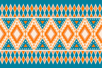 Colorful geometric ethnic seamless pattern with traditional tribal ornaments in orange, teal, and white. Perfect for textile design, fabric prints, wallpapers, and decorative backgrounds.