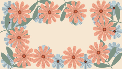 Obraz premium Beautiful floral background featuring peach and blue daisy flowers with green leaves on a light beige backdrop, perfect for invitations, posters, wallpapers, cards and decorative design.